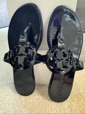 Tory Burch Black Patent Logo Thong Sandals